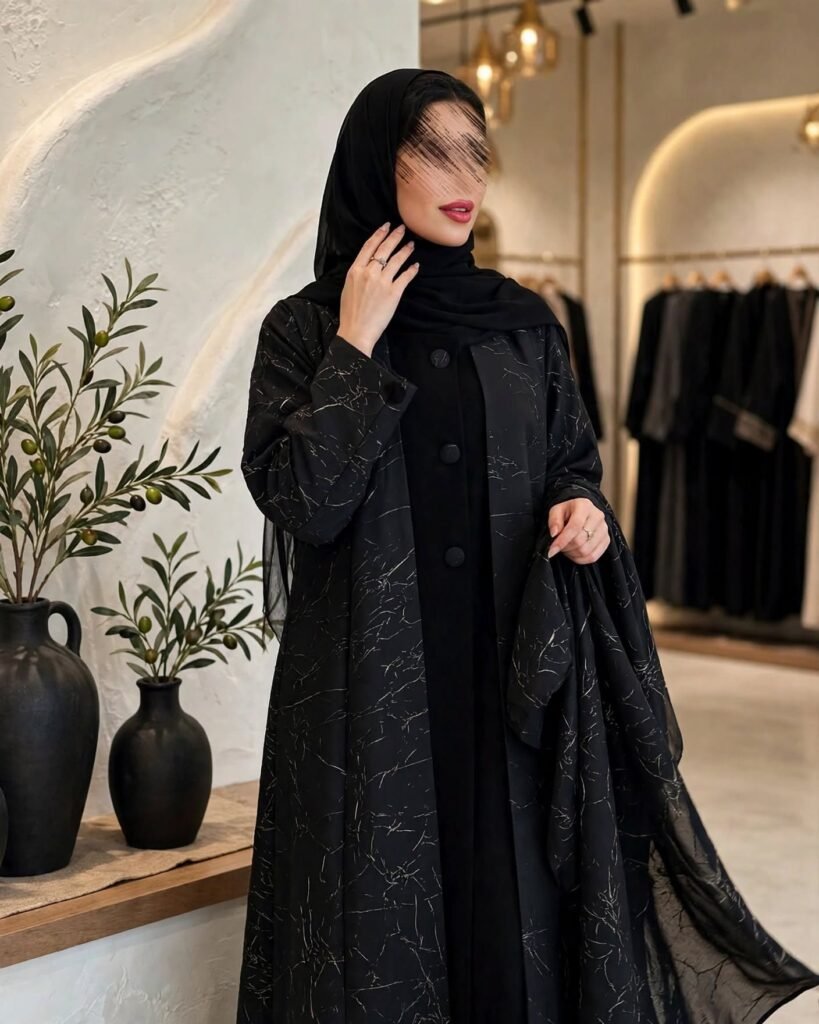 Midnight Marble Abstract Print Abaya Set with Matching Inner & Hijab - Photo 1