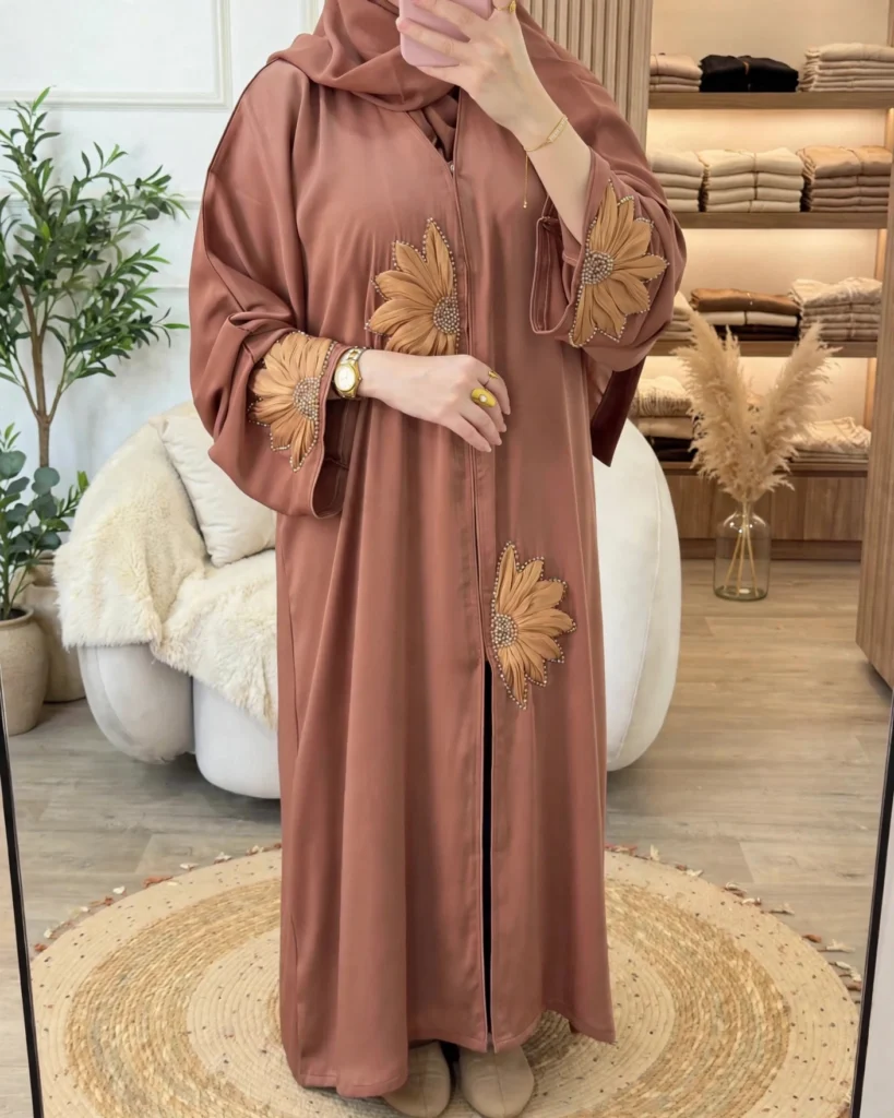 Ethereal Earthy Brown Floral Embellished Abaya Set - Photo 1
