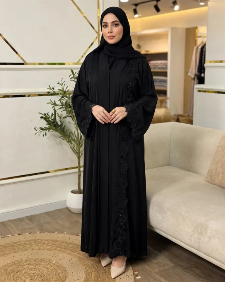 Ethereal Obsidian Noir Lace-Embellished Abaya Set