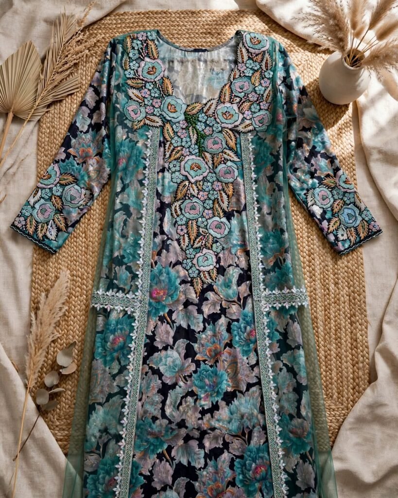 Enchanting Teal Floral Embroidered Overlay Kurta Set - Photo 4